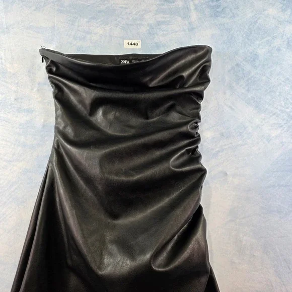 Zara Womens Black Faux Leather Ruched Strapless Mini Tube Dress Small - Picture 4 of 7